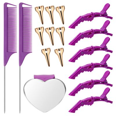 Coldairsoap Hair Parting Tools Set, 17 Pieces Including Hair Parting Rings, Sectioning Clips, Rat Tail Combs, Magnetic Wrist Pin Holder for Braiding (Purple)