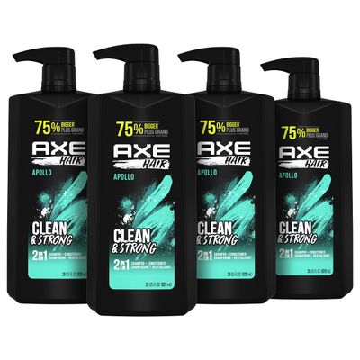 AXE Wash &amp; Care 2-in-1 Shampoo &amp; Conditioner Apollo Wash &amp; Care 4 Count for Clean &amp; Strong Hair Sage &amp; Cedarwood 100% Recycled Bottle 28 oz