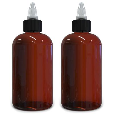 BRIGHTFROM Twist Top Applicator Bottles, 8 OZ Amber, Squeeze Empty Round Plastic Bottles, BPA-Free, PET, Refillable, Open/Close Nozzle (Black) - Multi Purpose (Pack of 2)