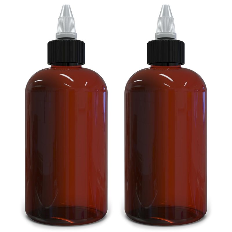 BRIGHTFROM Twist Top Applicator Bottles, 8 OZ Amber, Squeeze Empty Round Plastic Bottles, BPA-Free, PET, Refillable, Open/Close Nozzle (Black) - Multi Purpose (Pack of 2)