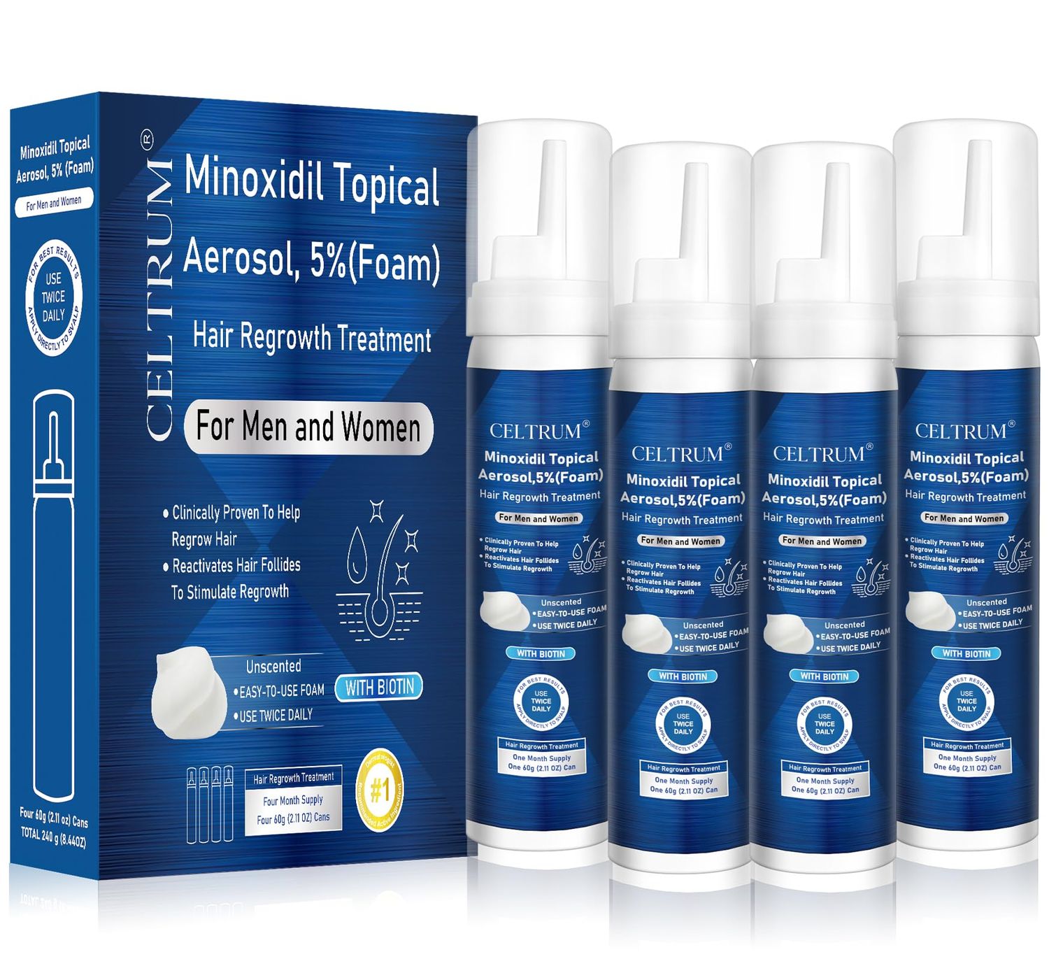 5% Topical Minoxidil Foam, Minoxidil for Men and Women, Infused with Biotin, Hair Growth Treatment, Supports Thicker and Fuller Hair &amp; Beard (Minoxidil Foam, 8.44oz, 4 Month Supply)