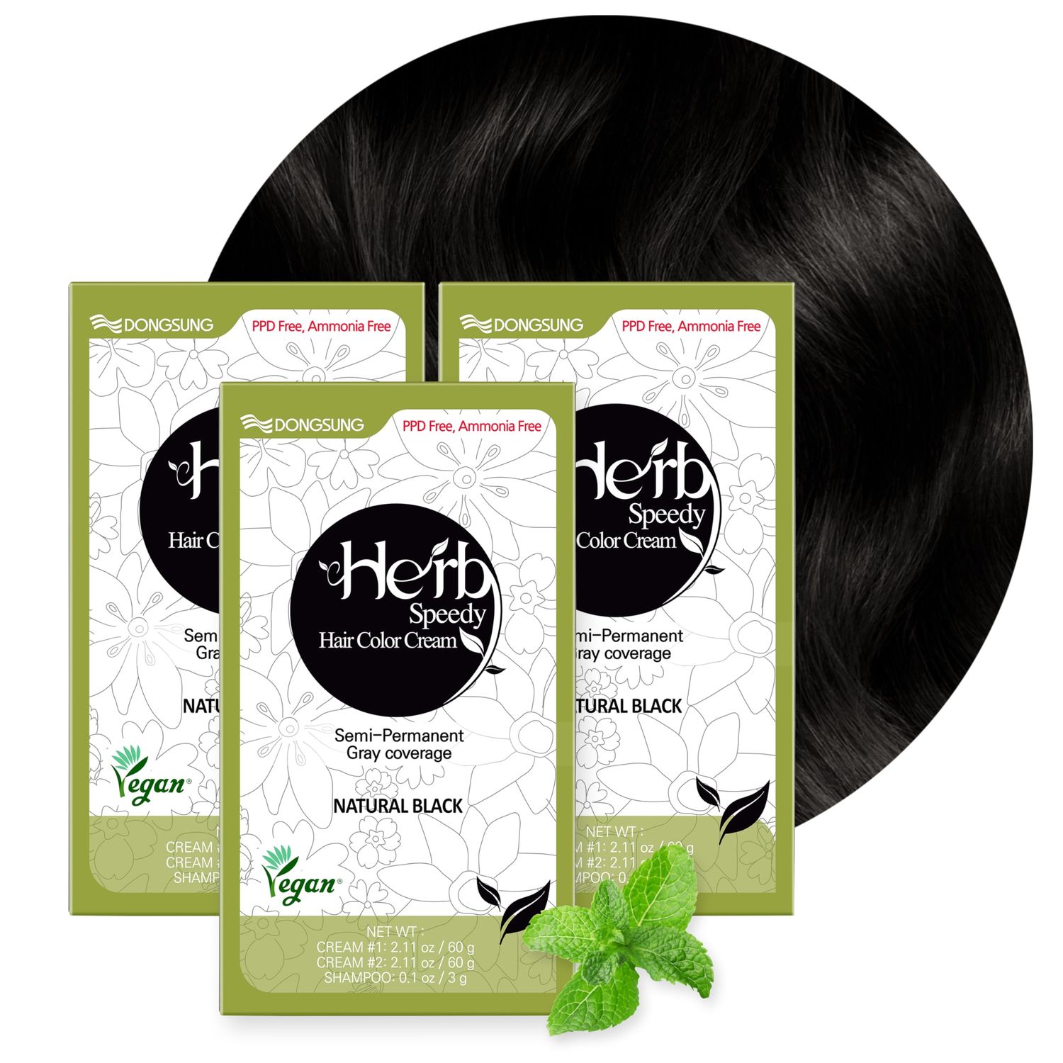DONGSUNG Herb Speedy Color Cream (Natural Black, 3 Pack), PPD-Free Ammonia-Free Vegan Hair Dye with Sun Protection, Odorless, Gentle for Sensitive Scalp, No Eye or Scalp Irritation