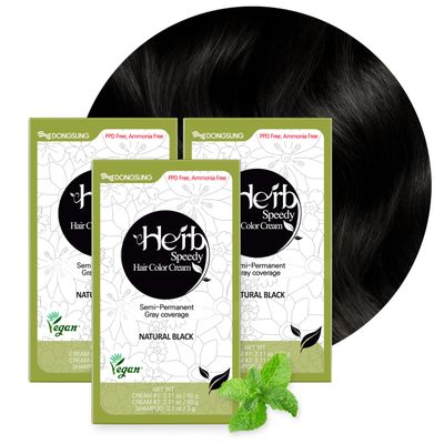 DONGSUNG Herb Speedy Color Cream (Natural Black, 3 Pack), PPD-Free Ammonia-Free Vegan Hair Dye with Sun Protection, Odorless, Gentle for Sensitive Scalp, No Eye or Scalp Irritation