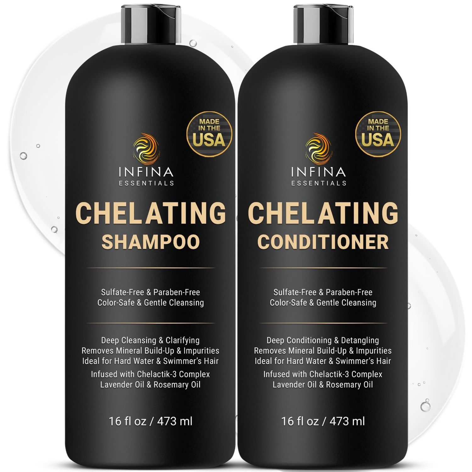 INFINA ESSENTIALS Chelating Hard Water Shampoo and Conditioner Set with Chelactik-3 &amp; Rosemary Oil - Color Safe Metal Detox Shampoo and Conditioner for Mineral Build-Up &amp; Swimmers Hair - 16 fl oz each