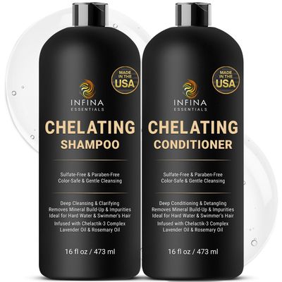 INFINA ESSENTIALS Chelating Hard Water Shampoo and Conditioner Set with Chelactik-3 &amp; Rosemary Oil - Color Safe Metal Detox Shampoo and Conditioner for Mineral Build-Up &amp; Swimmers Hair - 16 fl oz each