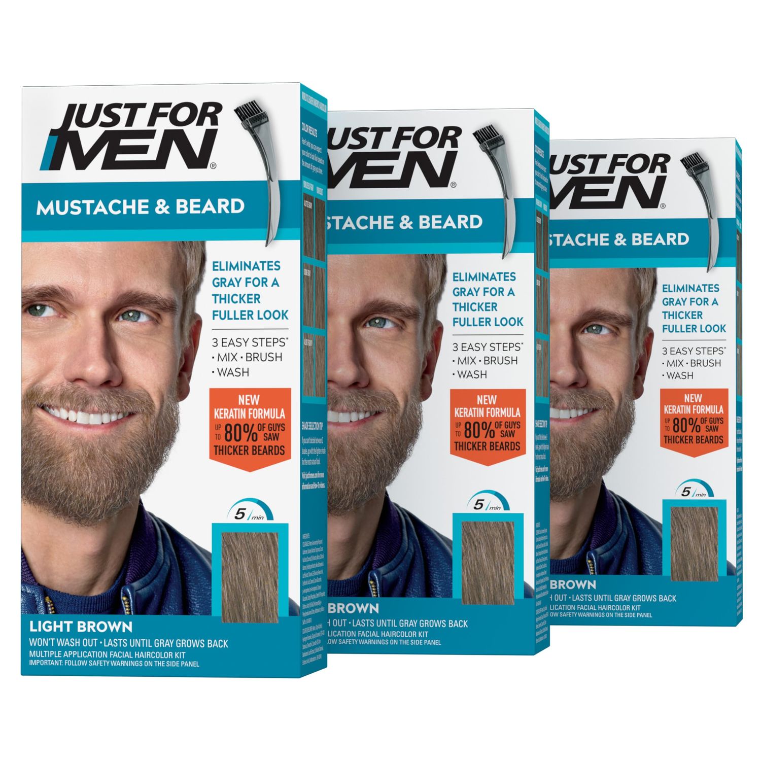 Just For Men Mustache &amp; Beard, Beard Dye for Men with Brush Included for Easy Application, With Biotin Aloe and Coconut Oil for Healthy Facial Hair - Light Brown, M-25, Pack of 3