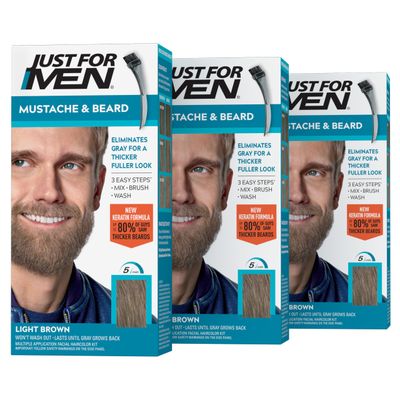 Just For Men Mustache &amp; Beard, Beard Dye for Men with Brush Included for Easy Application, With Biotin Aloe and Coconut Oil for Healthy Facial Hair - Light Brown, M-25, Pack of 3