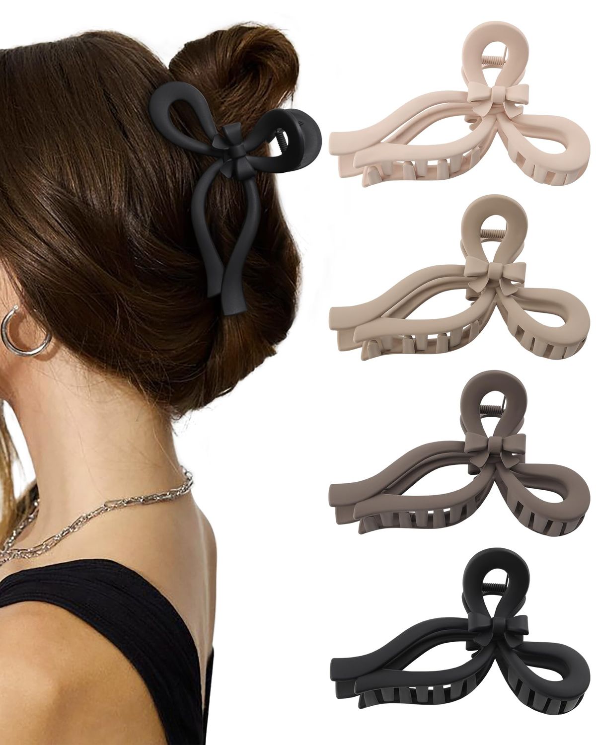 4 PCS Bow Hair Clips for Women Bow Claw Clip 5&quot; Large Hair Claw Clips for Thick and Thin Hair Cute Bows Jaw Clip (Dark Apricot + Khaki + Coffee + Black)