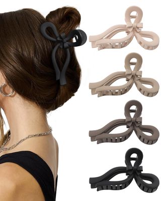 4 PCS Bow Hair Clips for Women Bow Claw Clip 5&quot; Large Hair Claw Clips for Thick and Thin Hair Cute Bows Jaw Clip (Dark Apricot + Khaki + Coffee + Black)