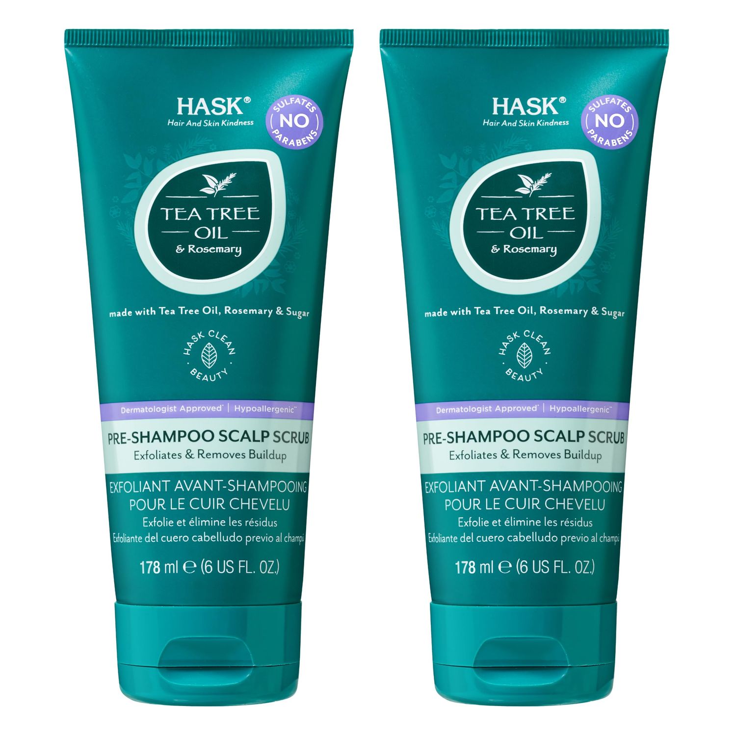 HASK TEA TREE OIL &amp; ROSEMARY Pre-Shampoo Scalp Scrub for All Hair Types, Color Safe, Gluten-Free, Sulfate-Free, Paraben-Free, Cruelty-Free - Pack of 2