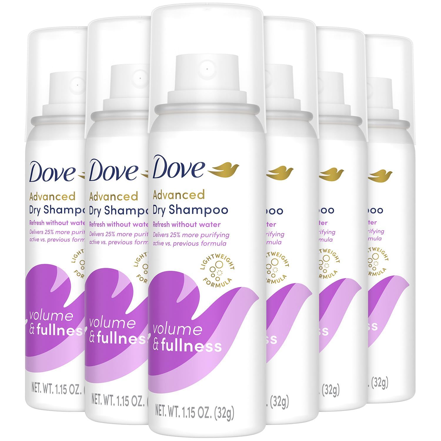 Dove Advanced Dry Shampoo, Travel-Size, Volume &amp; Fullness, 6-Pack, Travel Essentials, 1.15 Oz Ea