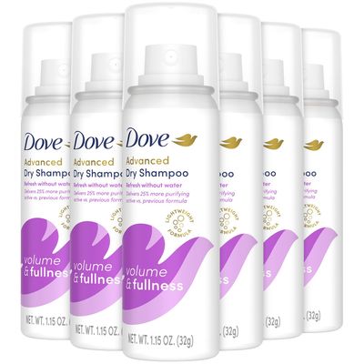 Dove Advanced Dry Shampoo, Travel-Size, Volume &amp; Fullness, 6-Pack, Travel Essentials, 1.15 Oz Ea