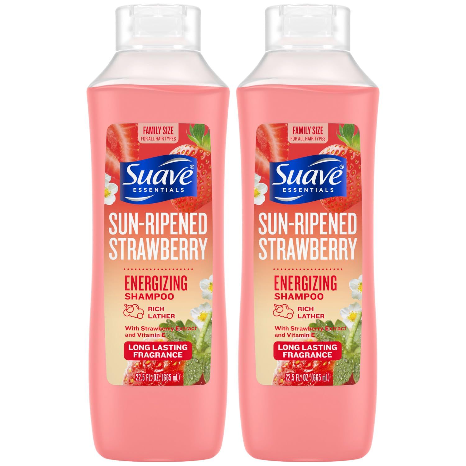 Suave Shampoo, Sun-Ripened Strawberry Family-Size 2-Pack - Energizing Shampoo with Strawberry Extract &amp; Vitamin E, 22.5 Oz Ea