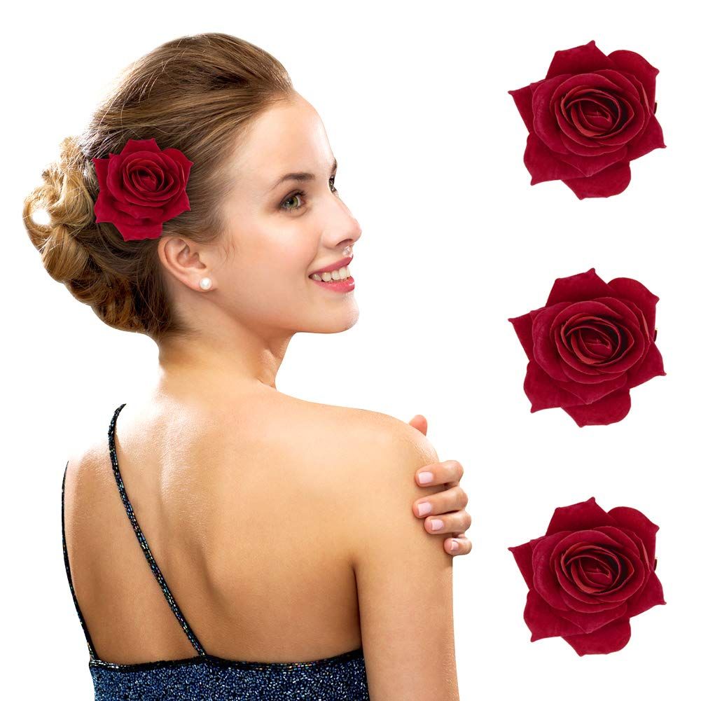 FIOBEE 2.75&quot; Rose Hair Clip Flower Hairpin Rose Brooch Floral Clips for Woman Girl Party Wedding Pack of 3