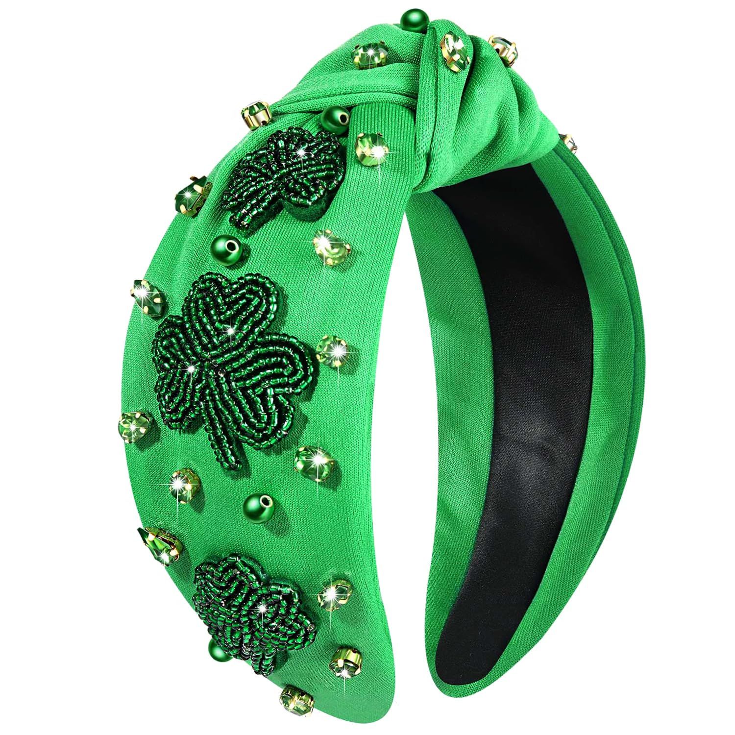 mokkia St.Patricks Day Headband Accessories Outfits for Women Green IRISH Lucky Shamrock Headband Rhinestone Crystal Knotted Headband Irish Holiday Headwear Party Favors Gifts (Shamrock A)