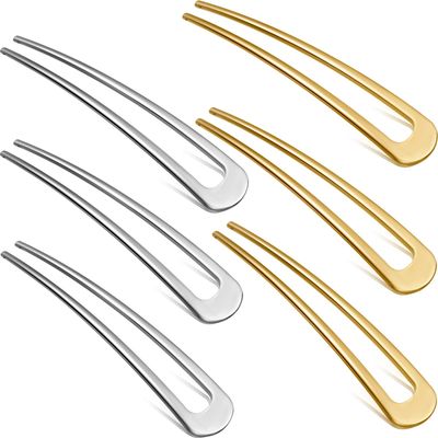 WILLBOND 6 Pieces Hair Pins Simple Metal U Shaped French Gold Hair Fork Sticks 2 Prong Updo Chignon Pins for Women Lady Buns Accessories(Gold, Silver)