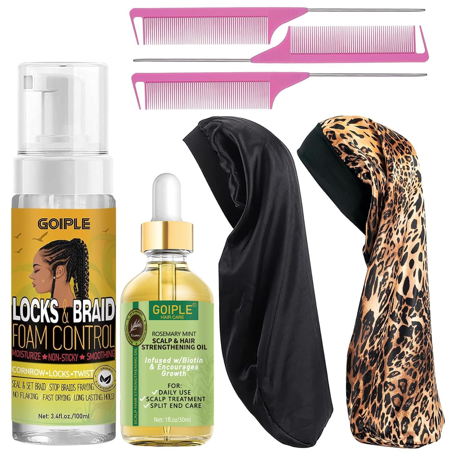 Goiple Hair Styling Mousses &amp; Oil Set for Braids, Twist, Locs - No Flake Mousse for Style, Moisture, and Growth with Rosemary Oil, 3.4fl oz+1fl oz