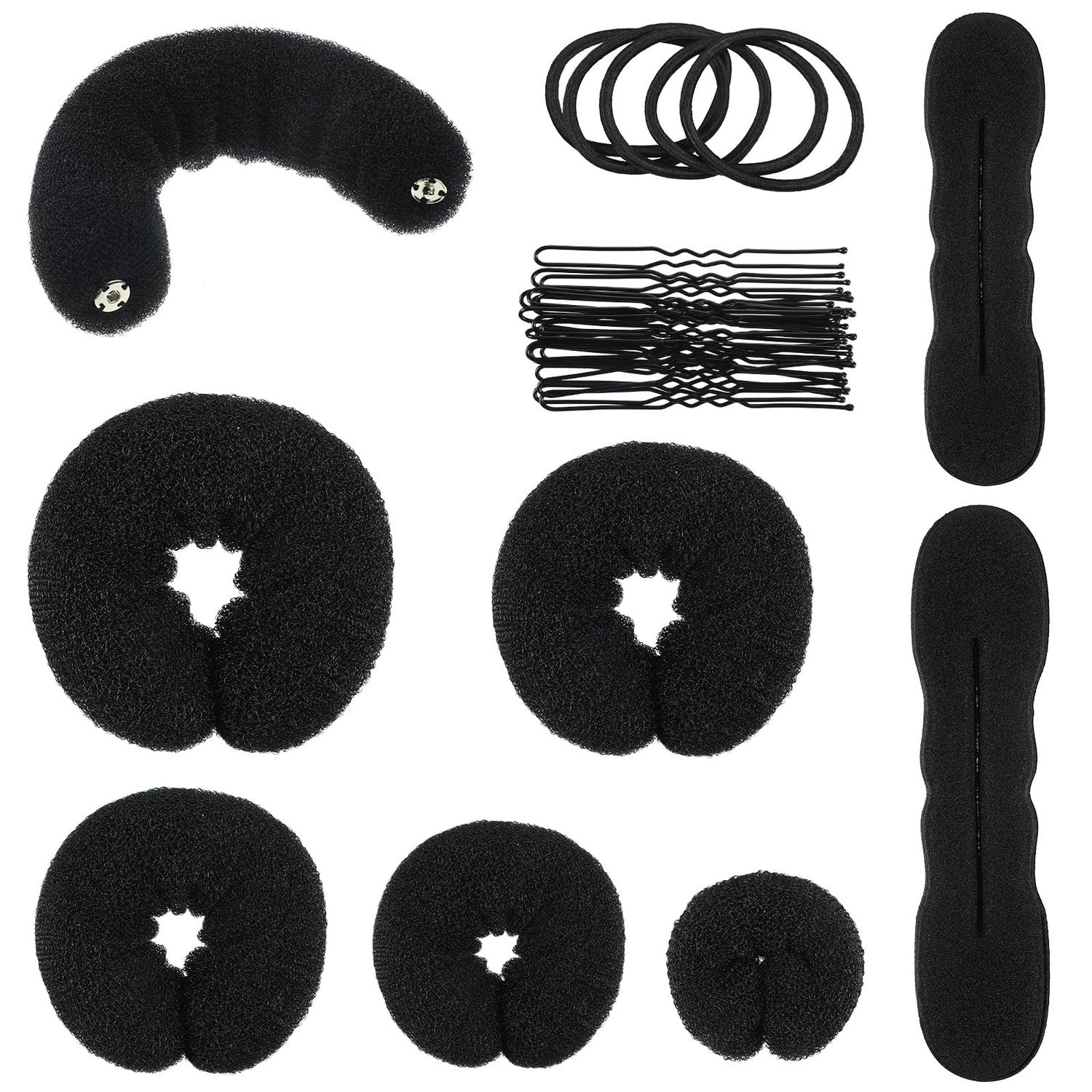 Yinder 34 Pcs Donut Hair Bun Maker Set Includes Black Donut Bun Makers Small &amp; Large Sponge Foam Hair Sponges Elastics Bands Hairpins for Hairstyle DIY