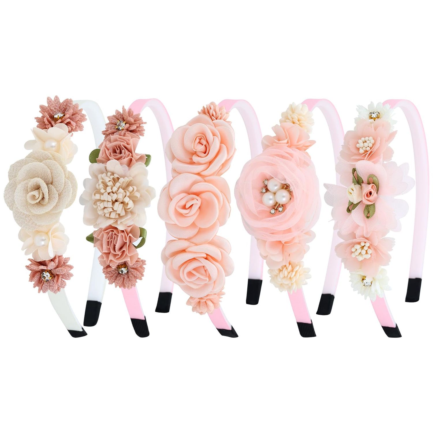 Dizila 5 Pieces Beige Pink Plastic Flower Headbands Floral Hair Bands Hoops Accessories for Baby Girls Toddlers Kids Teens