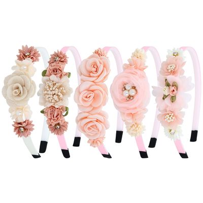 Dizila 5 Pieces Beige Pink Plastic Flower Headbands Floral Hair Bands Hoops Accessories for Baby Girls Toddlers Kids Teens