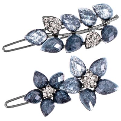 HINZIC 2Pcs 2inch Vintage Rhinestone Hair Clips Ink-Blue Sparkly Crystal Clips Flower Small Hair Barrettes Decorative Wedding Engagement Prom Valentines Hair Accessories for Women Girls Bride