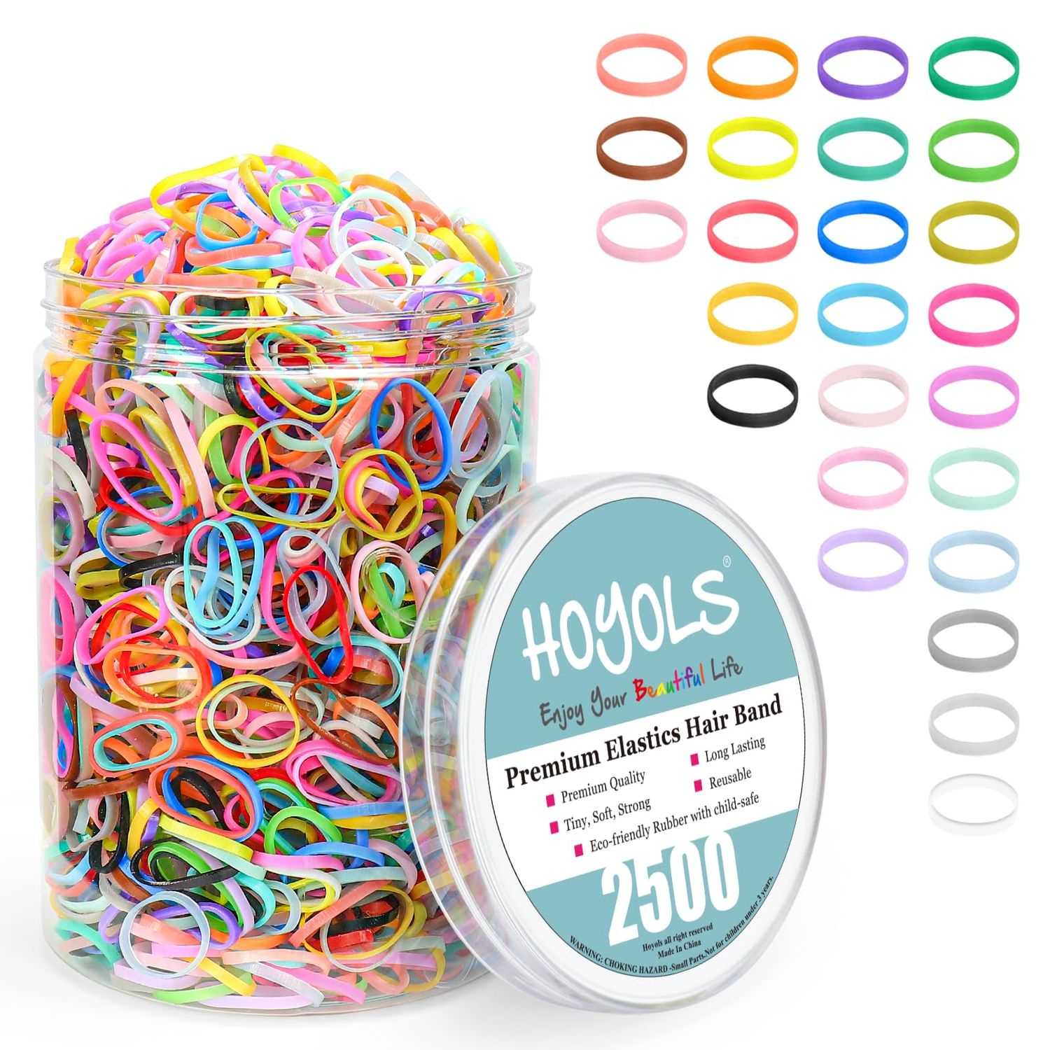 HOYOLS 2500 pcs Colorful Elastic Hair Rubber Bands, Small Hair Ties Accessories No Pull No Damage Stretch Holder for Girls Women TPU (25 Mixed Multi Hue)