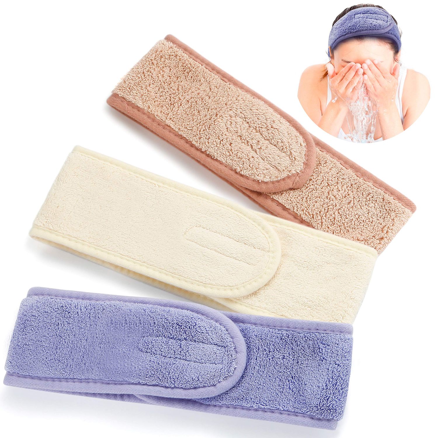 Spa Facial Headband - 3 Pcs Adjustable Makeup Head Wrap with Magic Tape, Sweat Hair Towel for Sport, Face Wash and Shower