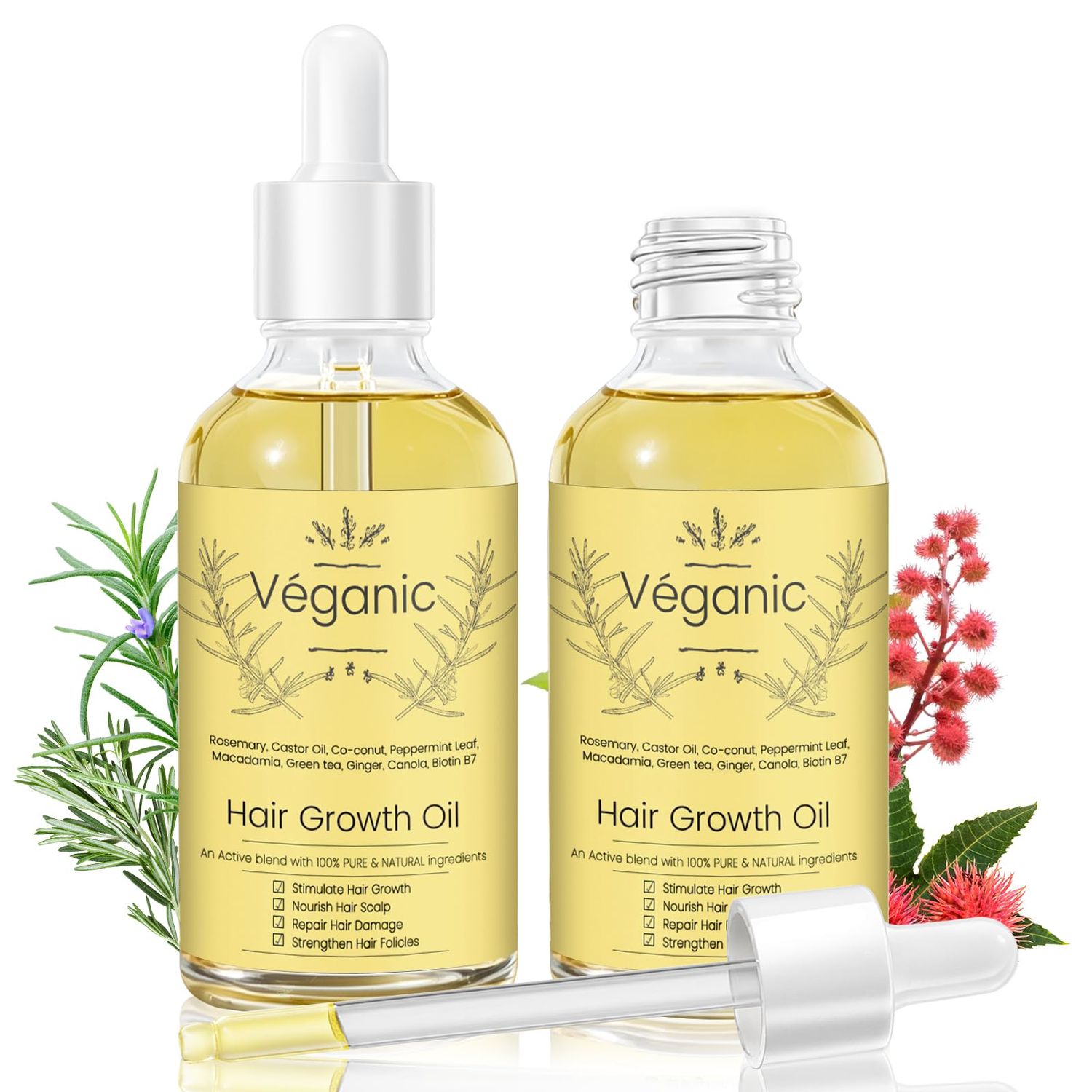 Veganic Natural Hair Growth Oil Veganic Hair Growth Oil Kit with Rosemary for Dry Damaged Hair, 2PCS*2 fl.oz (Yellow)