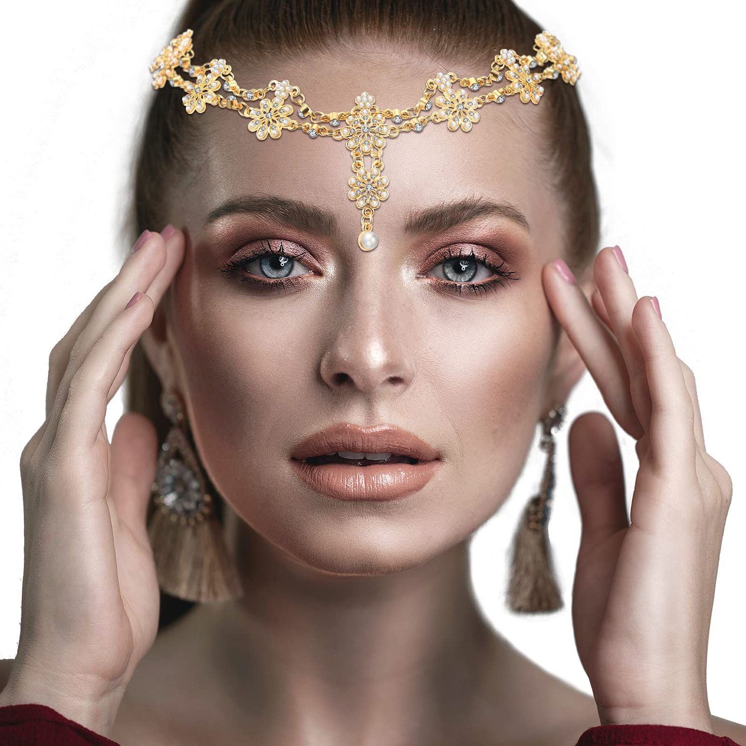 Luinabio Head Chain Jewelry Headpiece Rhinestone Wedding Headband Headpiece Bohemian Style Rhinestone Headband Diamond Head Chain Hair Accessories for Women Girls Hair Decoration(Gold)