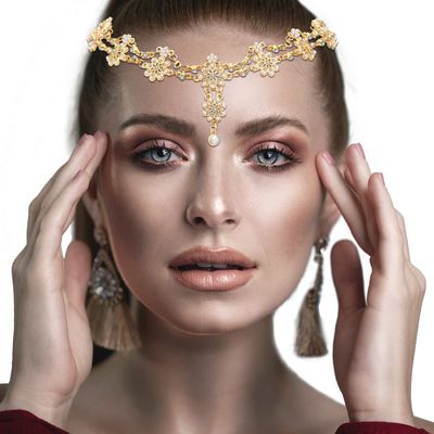 Luinabio Head Chain Jewelry Headpiece Rhinestone Wedding Headband Headpiece Bohemian Style Rhinestone Headband Diamond Head Chain Hair Accessories for Women Girls Hair Decoration(Gold)