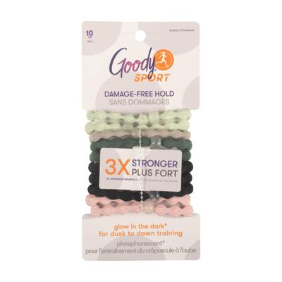 Goody Sport Forever Glow in the Dark Elastic Hair Ties - 10 Ct, 5 Assorted Colors, No Damage, 3X Stronger, Sport-Level Grip, All Hair Types