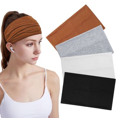 MISSUHUI Wide Headbands for Women Non Slip Stretch Headband Boho Head Bands for Running Yoga Workout Hairband 4 Pack (Black, White, Light Gray, Brown)