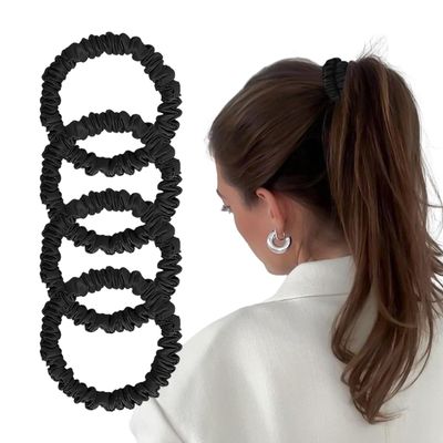 Mulberry Silk Scrunchies 4 Pack - Non Slip, Black Small Thin Silk Scrunchies for Women, Sleepy Ties for Thick Hair