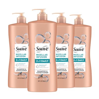 Suave 2 in 1 Shampoo and Conditioner with Micellar Infusion, cleansing and conditoning For All Hair Types, 28 oz Pack of 4