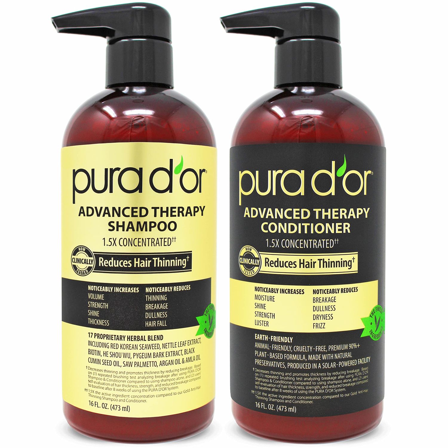 PURA D&#39;OR Advanced Therapy Biotin Shampoo &amp; Conditioner Hair Care Set For Hair Thinning, CLINICALLY TESTED Effective Results, Herbal Hair Thickening Products For Women &amp; Men, 16oz x2