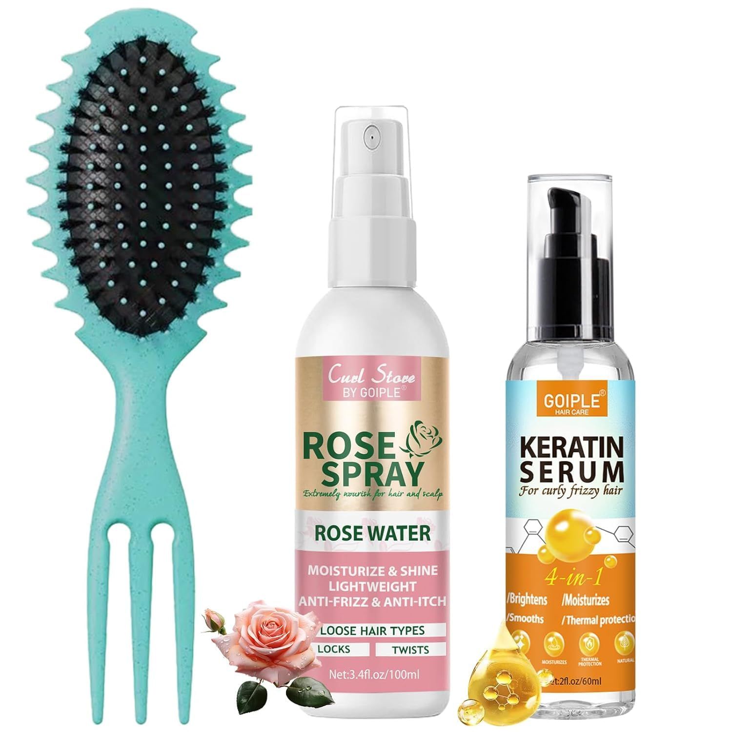 Keratin Protein Hair Serum Anti Frizz Control Repair - Rose Water Spray for Moisturizing, Smooth Products for Curly Hair - Curl Defining Brush for Shaping (3PCS)