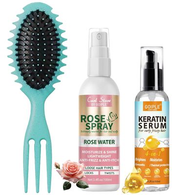 Keratin Protein Hair Serum Anti Frizz Control Repair - Rose Water Spray for Moisturizing, Smooth Products for Curly Hair - Curl Defining Brush for Shaping (3PCS)