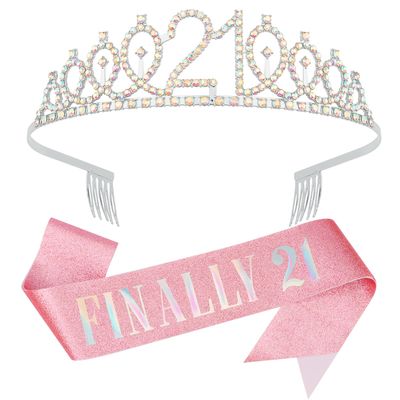 KICOSY 21st Birthday Crowns and Sashes for Women, Princess Tiara Birthday Sash Set Elegant Sliver Crown with Combs for Girls Crystal Tiaras Birthday Headpieces for Party Hair Accessories Gifts