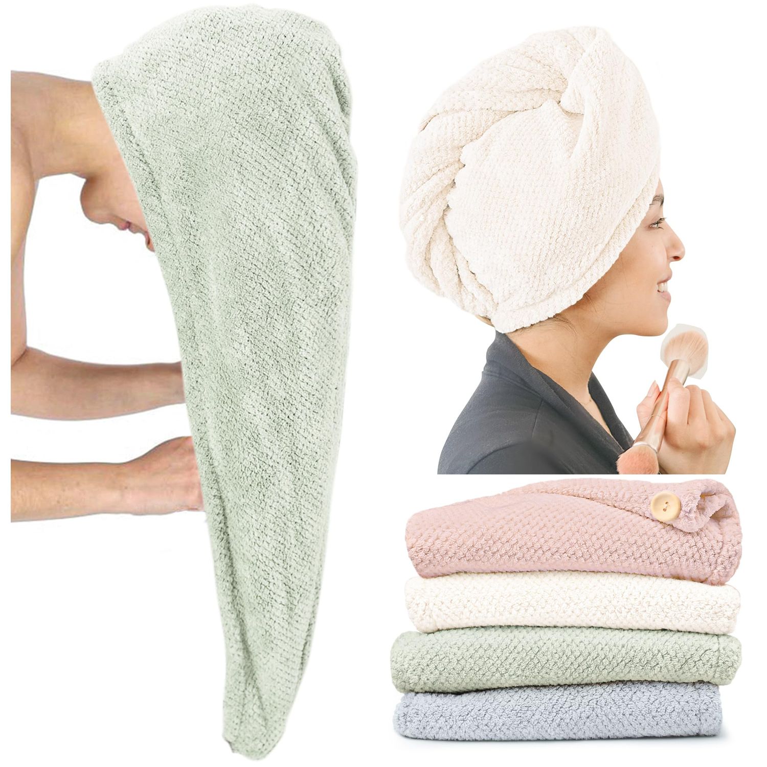 ROLSHOL Extra Large 4 Pack Microfiber Hair Towel Wrap for Women Super Absorbent &amp; Quick Dry Hair Drying Towels with Button, Hair Turbans for Curly Hair Long &amp; Short Hair - Anti-Frizz