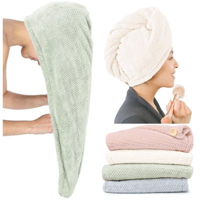 ROLSHOL Extra Large 4 Pack Microfiber Hair Towel Wrap for Women Super Absorbent &amp; Quick Dry Hair Drying Towels with Button, Hair Turbans for Curly Hair Long &amp; Short Hair - Anti-Frizz