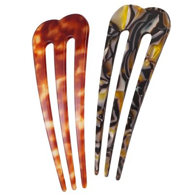 HYFEEL Large French Hair Pins for Women, 3-Prong French Pins for Thick Hair, U Shaped Hair Forks, French Twist Hair Pin Clips, Updo Hair Sticks for Buns, 2 Pcs (Tortoise, Brown)
