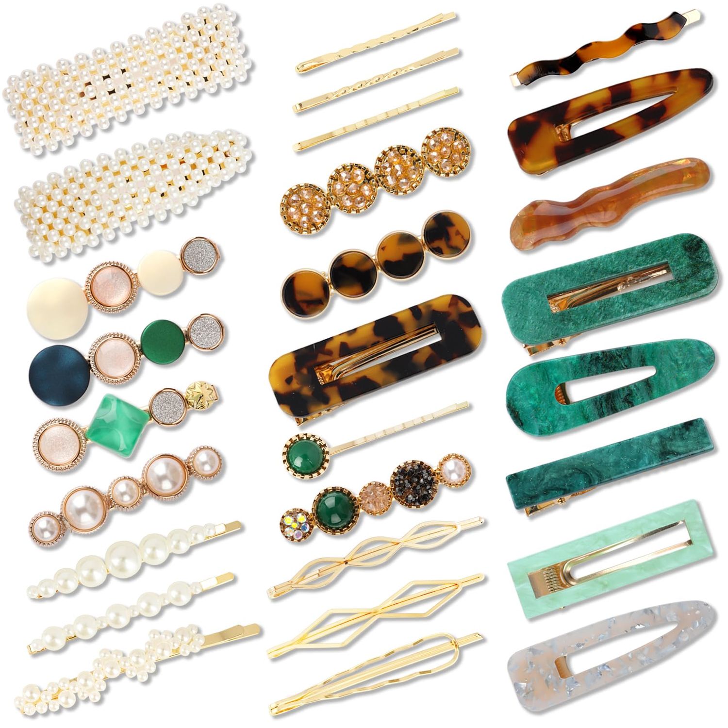LOSANJI 28PCS Pearl Acrylic Resin Hair Clips, Brown Alligator Hair Barrettes, Fancy Geometric Hairpin, Gold Duckbill Bobby Pins, Glittering Hair Accessories for Women Decorative Wedding Party