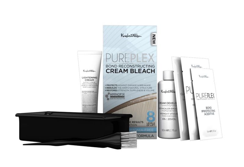 Knight &amp; Wilson PurePlex Cream Hair Bleach. Powder Free. Bond Reconstructing. Up to 8 of Lift, Protects &amp; Repairs during Lightening. Complete bleaching kit with tint bowl and brush. Ammonia Free.
