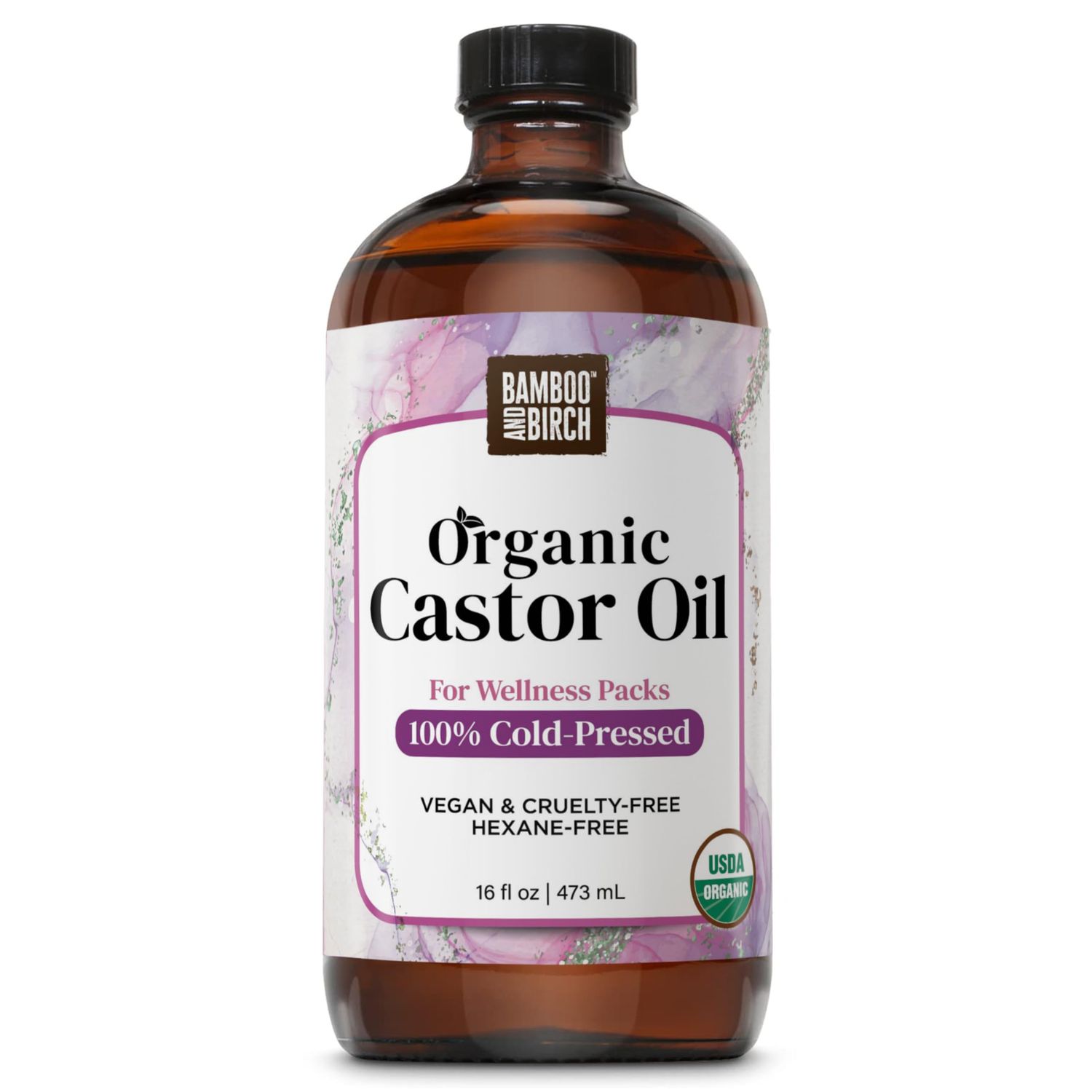 BAMBOO AND BIRCH Castor Oil Organic Cold Pressed Unrefined Glass Bottle, 16 Fl Oz, USDA Certified, Natural Hair Growth, Carrier Oil for Thicker and Fuller Eyelashes, Eyebrows