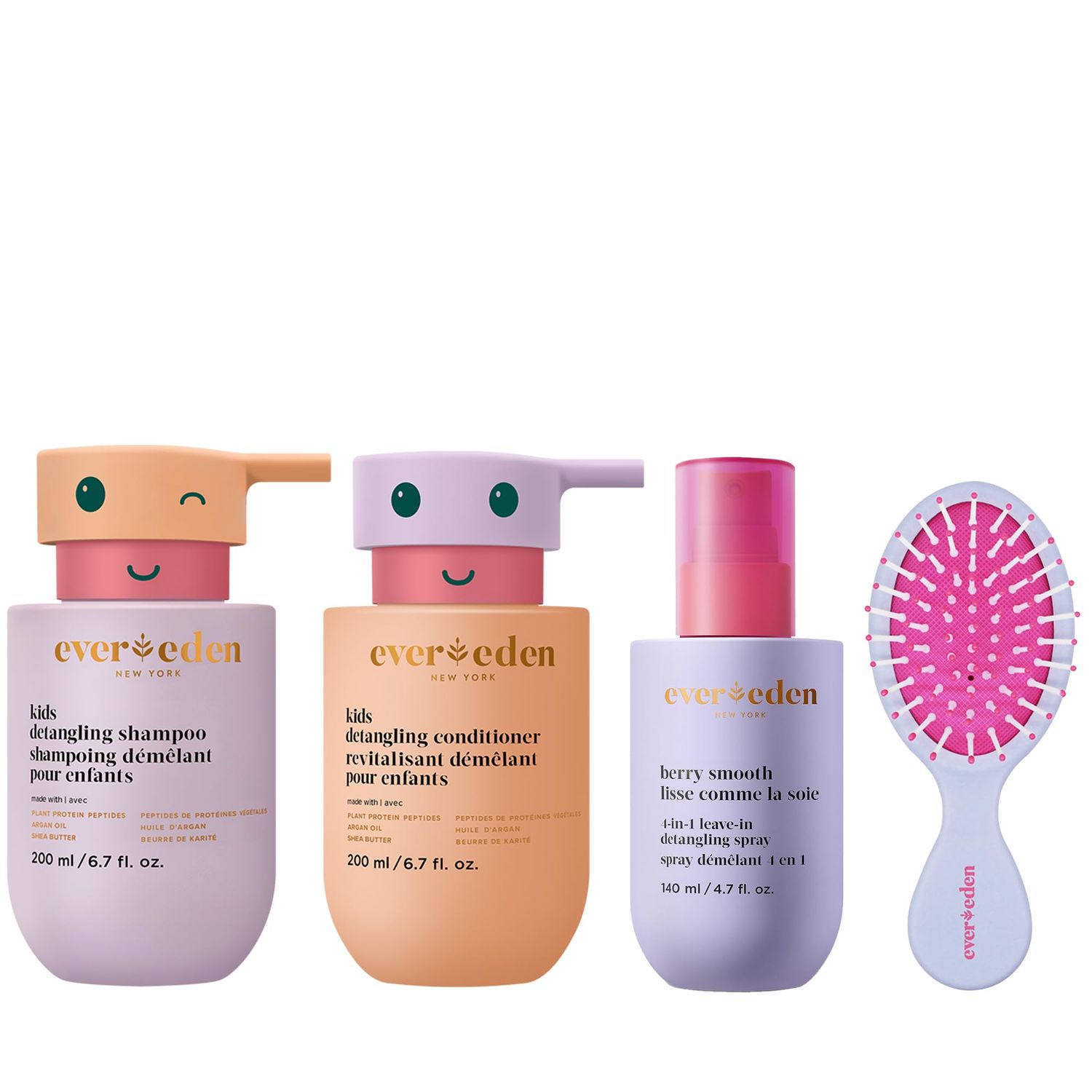 Evereden Kids Complete Haircare Set: Hair Detangling Shampoo, Conditioner &amp; Spray for Children Ages 3+ &amp; Pain-Free Hair Brush, Plant Protein Peptides &amp; Argan Oil, Vegan, Free from Sulfate and Paraben