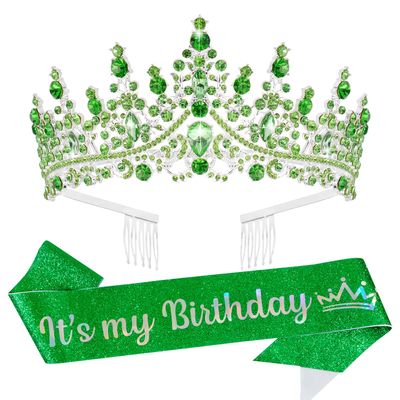 VELSCRUN Green Crystal Birthday Tiara Crowns for Women Girls It&#39;s My Birthday Sash Queen Girls Princess Crown with Combs Happy Birthday Party Decorations Mom Sisters Birthday Gift Hair Accessories