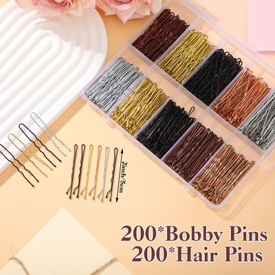 400 Pcs Bobby Pins Hair Pins Set, 2 Inch Hair Pins for Women Girls and U-Shaped Hair Pins for Buns, 5 Colors Bobby Pins Brown Blonde Black Hair Styling Pins with Storage Box
