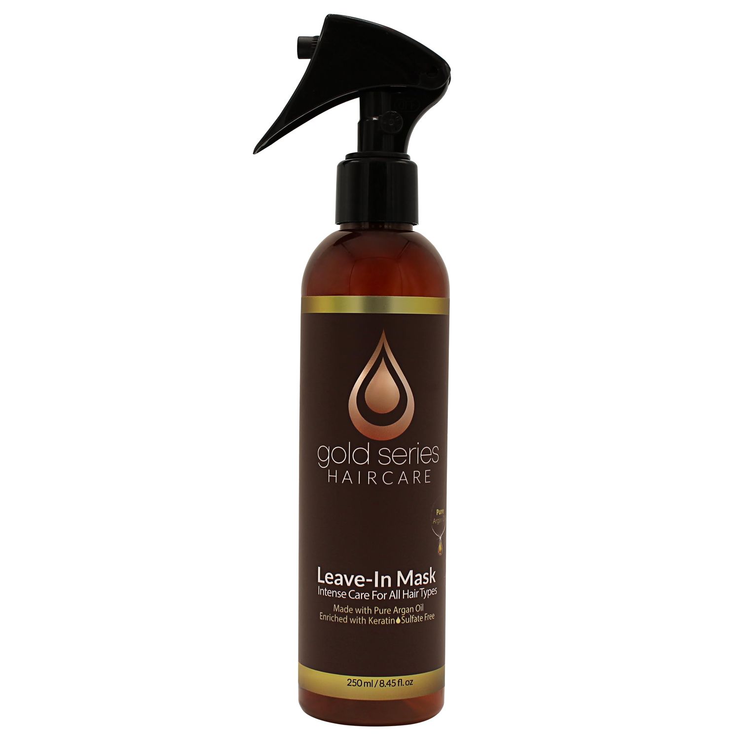 Gold Series Leave-In Hair Mask - Argan Oil Hair Mask Enriched with Keratin - Nourishing and Gently Detangling Leave In Conditioner Spray For Curly Frizzy or Damaged Hair, 8.4 Fl.oz