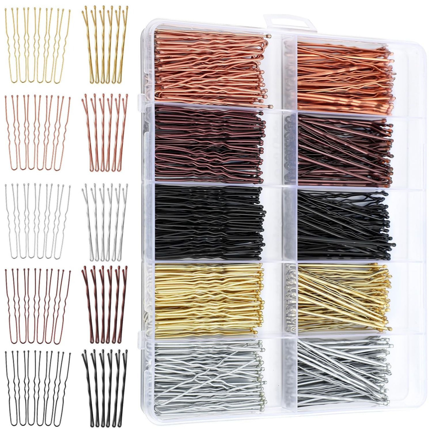 400 Pcs Bobby Pins Hair Pins Set, 2 Inch Hair Pins for Women Girls and U-Shaped Hair Pins for Buns, 5 Colors Bobby Pins Brown Blonde Black Hair Styling Pins with Storage Box
