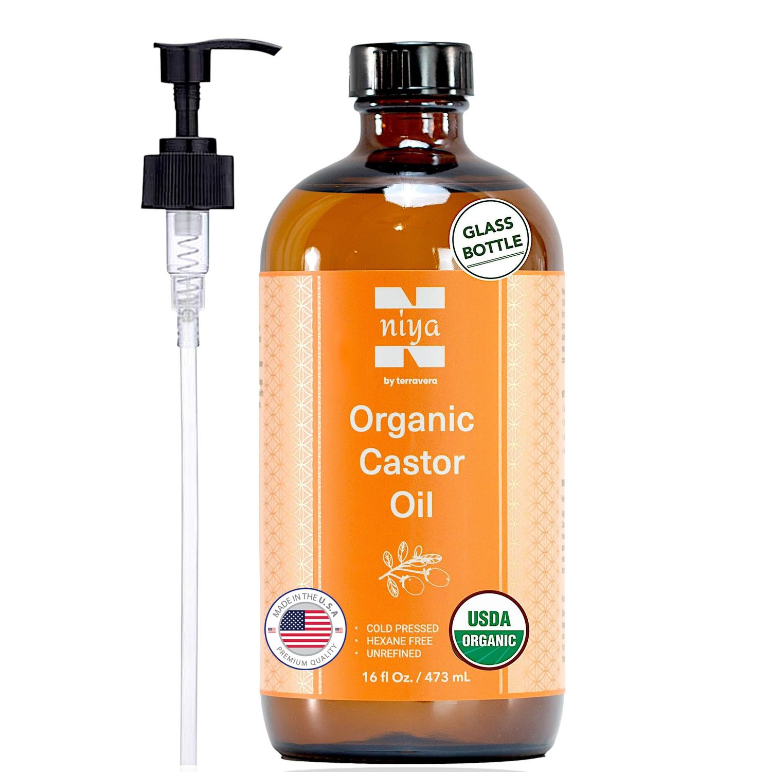 terravera Niya 16oz Pure Organic Castor Oil Cold Pressed Unrefined, Hexane Free,Natural - Glass Bottle with Pump, USDA Certified, Golden Castor oil for Skin, Hair, Lashes, Nails &amp; More